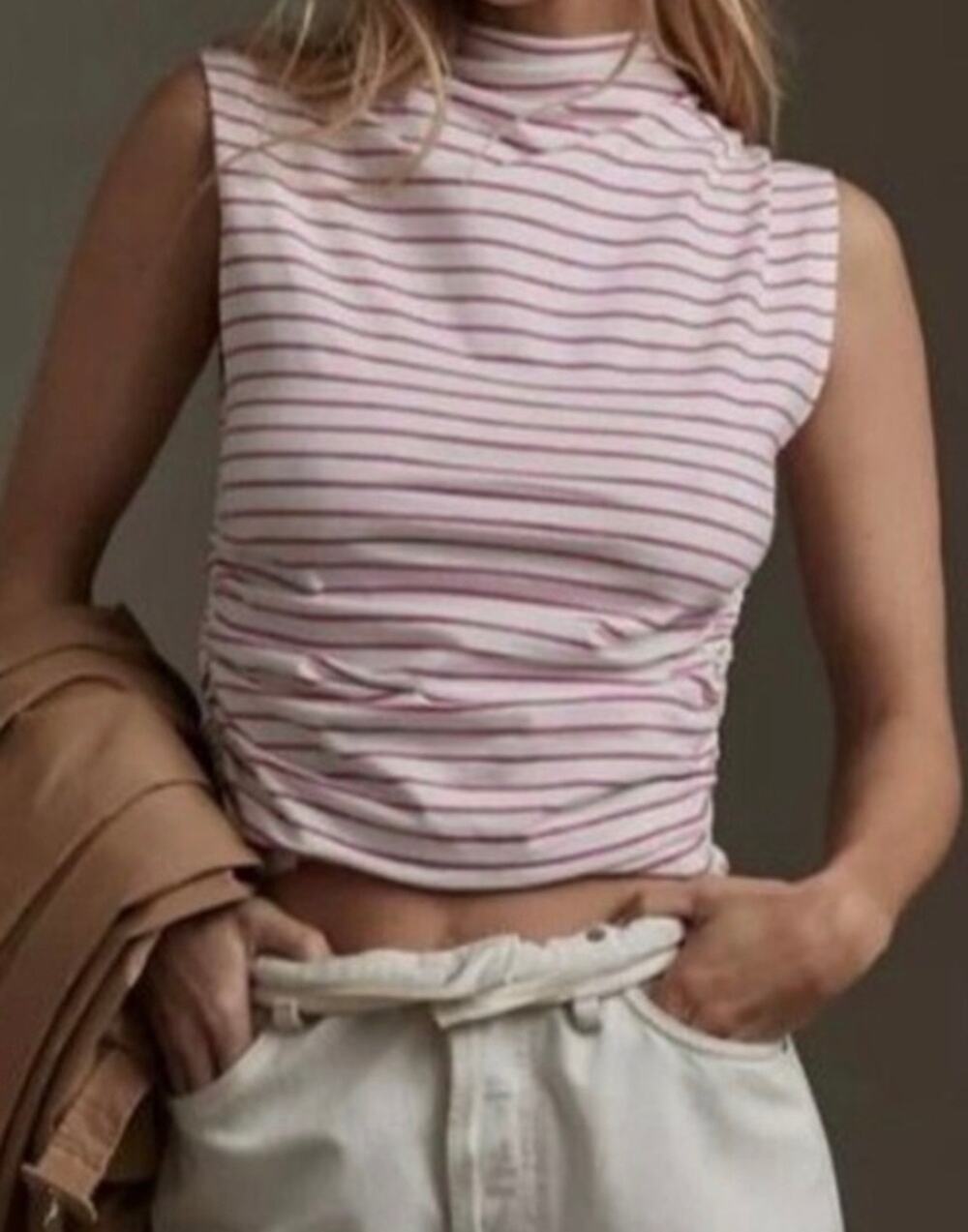 Anthro Maeve Pink Stipe Mock Neck Sleeveless Top XS Ruched Side Casual Basic